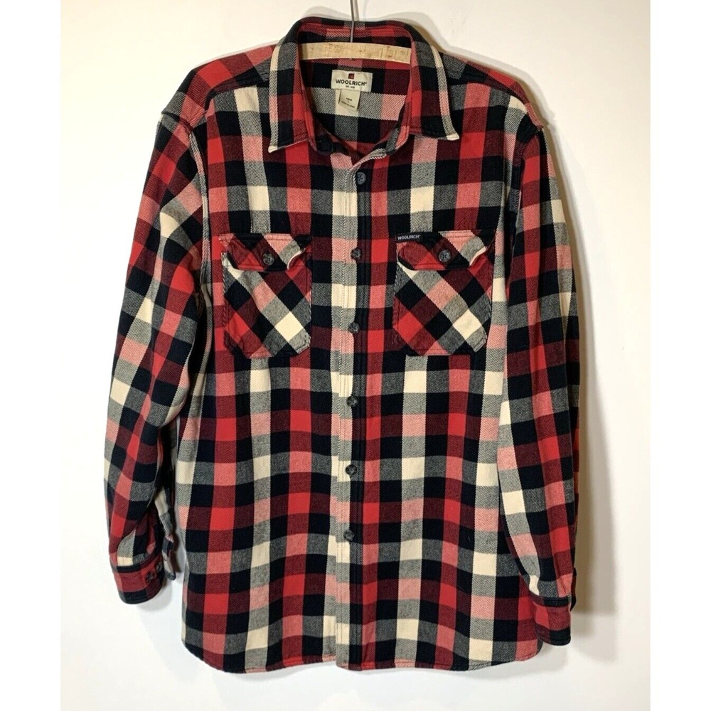 Woolrich Heavyweight Flannel Shirt Mens Large Red White Black Plaid 100% Cotton